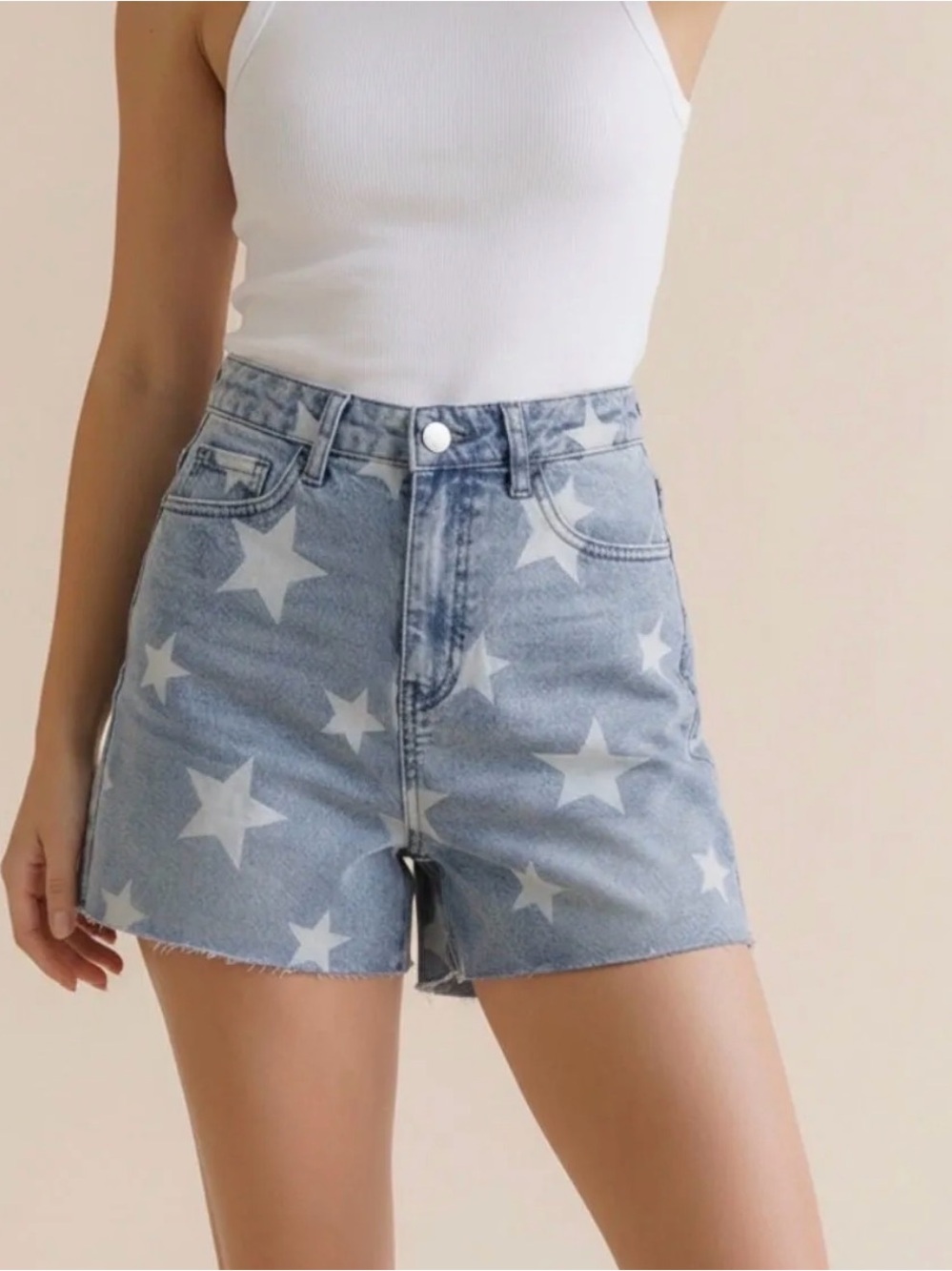 Star-Print High-Waist Denim Shorts - Light Blue